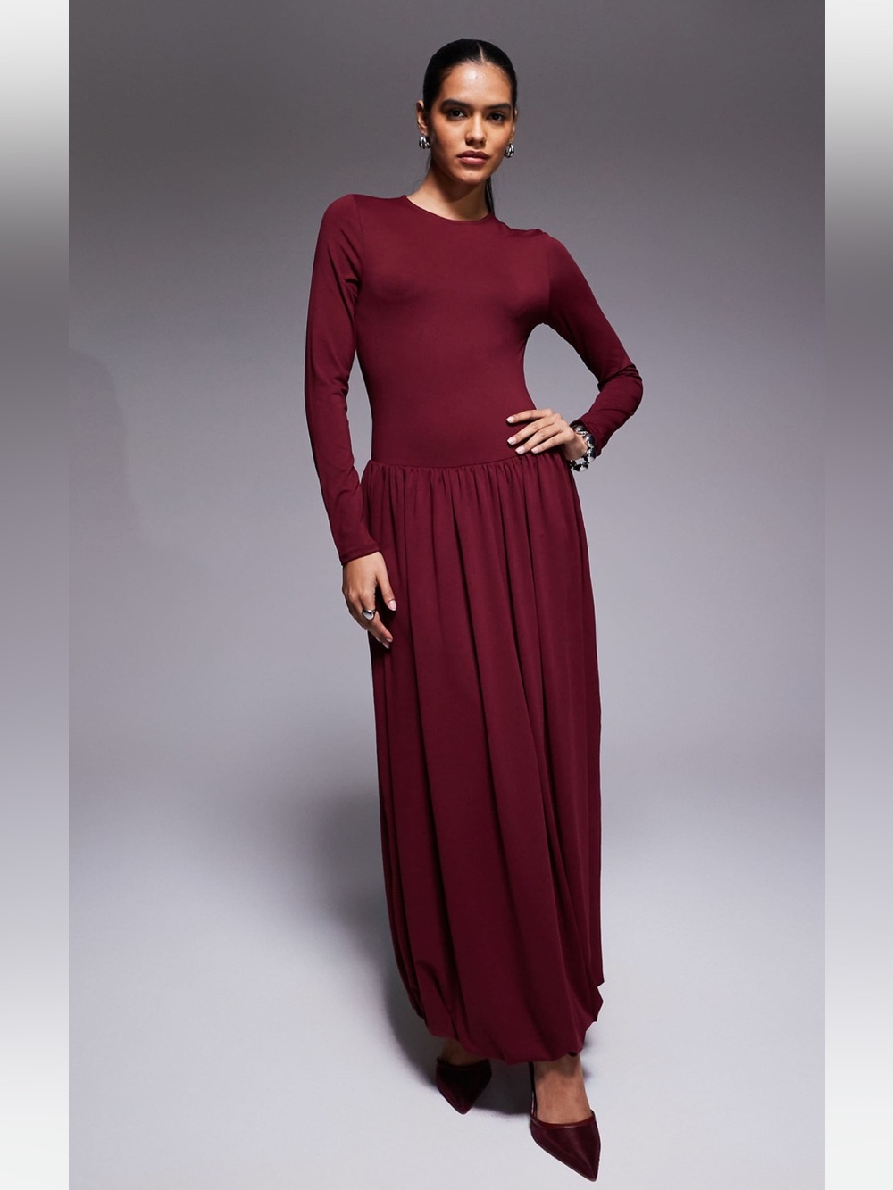ASOS draped long sleeve midi dress in burgundy 8-10